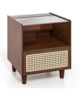 Sugift Bamboo Rattan Nightstand with Drawer and Solid Wood Legs