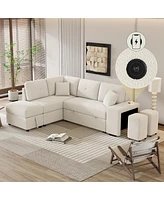 Simplie Fun 87.7" Sectional Pull Out Sofa Bed With Storage Ottoman, 2 Throw Pillow, Stools, Usb