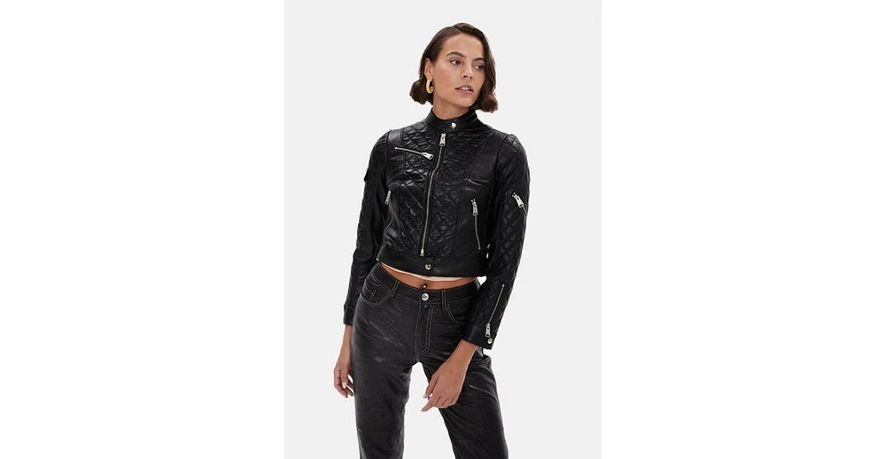 Furniq Uk Women's Cropped Leather Jacket, Black
