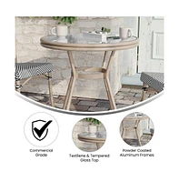 Merrick Lane Mael Bistro Style Table With Tempered Glass Top, Textilene, And Bamboo Finished Metal Frame For Indoor/Outdoor Use