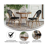 Merrick Lane Mael Bistro Style Table With Glass Top, Textilene, Stack Chairs
