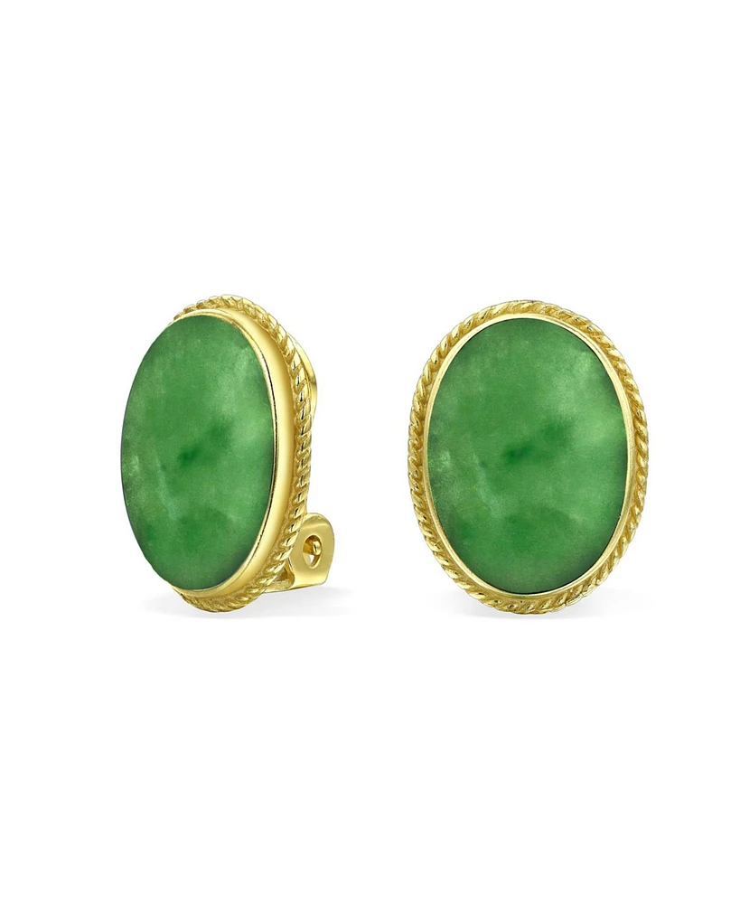 Bling Jewelry 7CT Oval Cabochon Oval Dyed Green Natural Jade Rope Cable Bezel Gold Plated Sterling Silver Clip On Earrings For Women Clip Only Is Allo