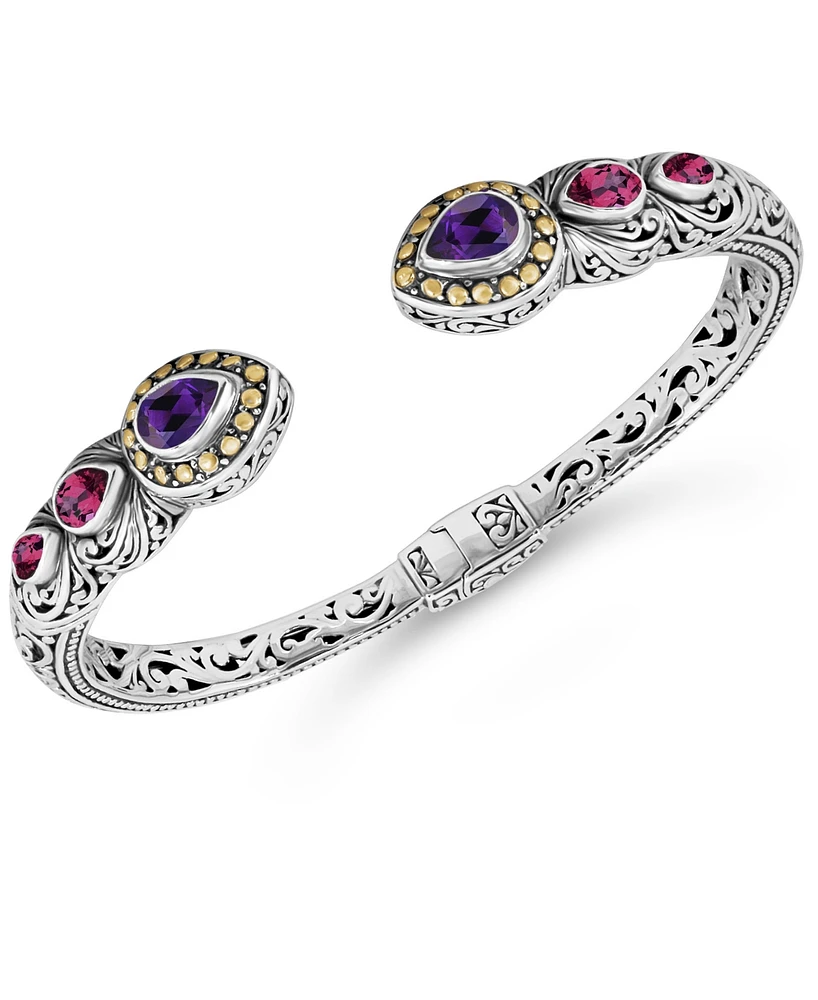 Devata Amethyst, Pink Topaz & Bali Ubud Cuff Bracelet Sterling Silver and 18K Gold