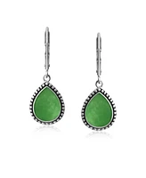 Bling Jewelry Green Dyed Natural Jade Pear Shaped Teardrop Lever Back Dangle Drop Earrings For Women Oxidized Sterling Silver