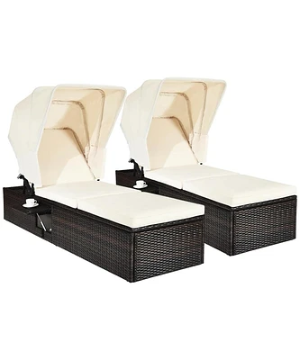 Gymax 2pcs Rattan Lounge Cushioned Chair W/Adjustable Canopy Patio