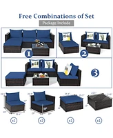 Gymax 5PCS Cushioned Rattan Patio Conversation Set w/ Ottoman Navy Cushion