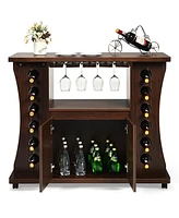 Sugift Rolling Wine Storage Buffet Sideboard Wooden Bar Storage Cabinet