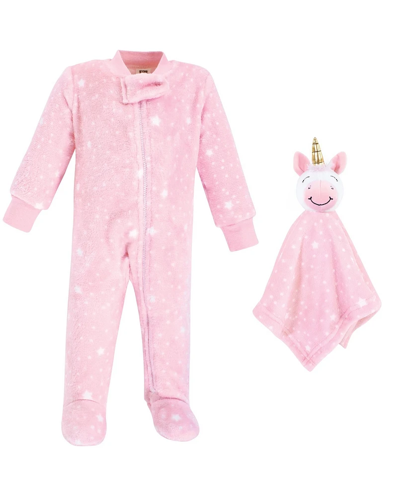 Hudson Baby Baby Girls Flannel Plush Sleep and Play One Piece and Security Toy, Pink Unicorn