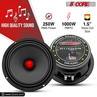 5 Core 6.5 inch Mid Range Speaker Woofer w/ Bullet Tweeter/ 580W Power, 30 Oz Magnet, 4 Ohm - Mr 6.5 Blt R 4oHM