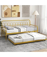 Slickblue Twin Size Golden Metal Daybed with Trundle and Lockable Wheels-Twin Size