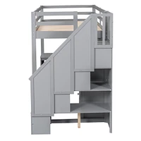 Twin Loft Bed With L-Shaped Desk And Drawers, Cabinet Storage Staircase