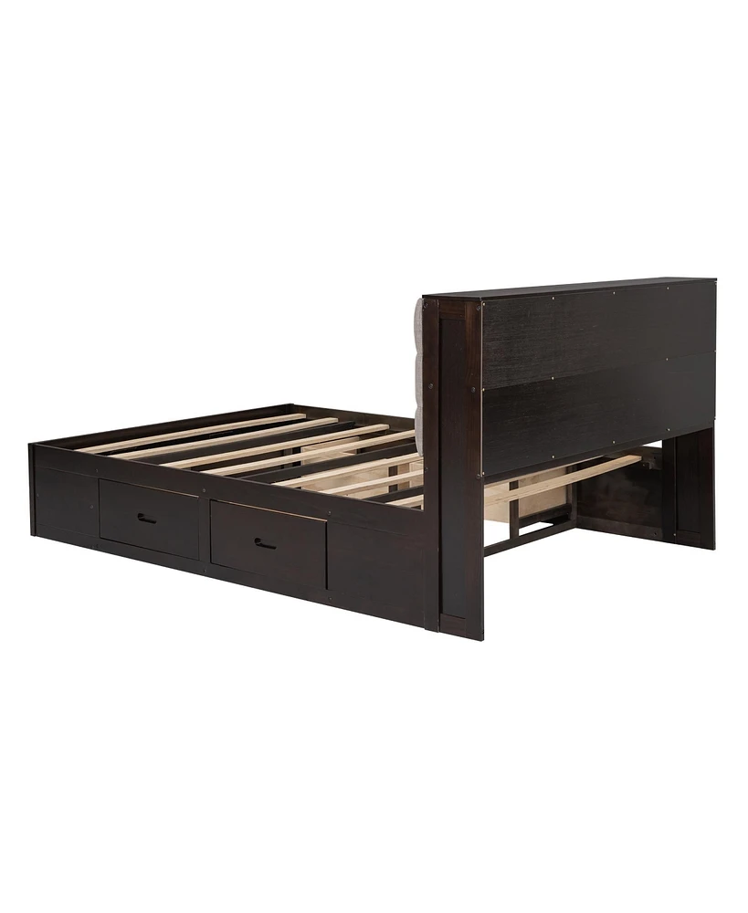 Wood Queen Platform Bed With Storage Headboard, Shoe Rack And 4 Drawers