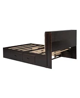 Wood Queen Platform Bed With Storage Headboard, Shoe Rack And 4 Drawers