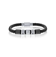 Metallo Stainless Steel Two-Tone w/ Black Cz Genuine Leather Bracelet