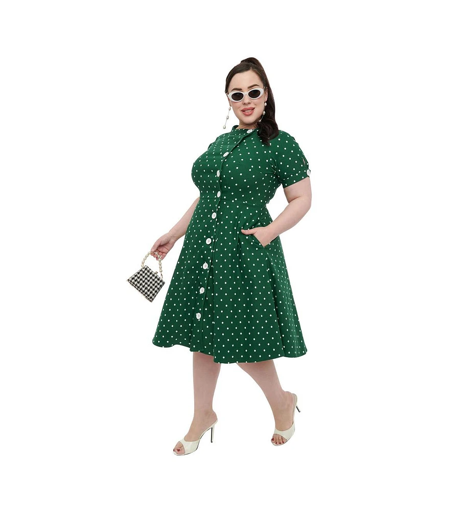 Unique Vintage Plus Size 1950s Contrast Button Swing Dress