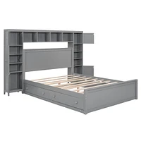 Queen Wooden Bed With All-In-One Cabinet, Shelf And Sockets