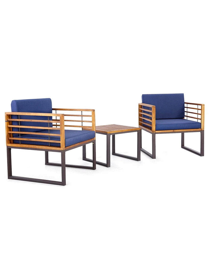 Gymax 3PCS Acacia Wood Patio Bistro Set Outdoor Conversation Furniture Set w/ Navy Cushions