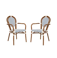 Emma+Oliver Colmar Set Of Two Indoor/Outdoor Stacking Thonet French Bistro Style Chairs With Arms, Pe Rattan Seat And Metal Frame