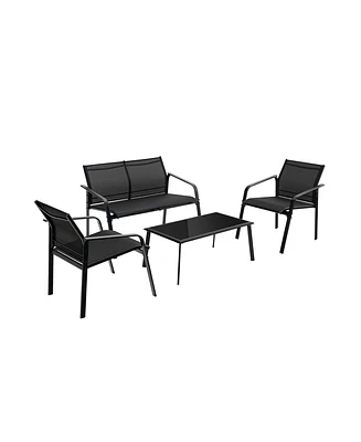 Sugift 4 Pieces Patio Furniture Set with Armrest Loveseat Sofas and Glass Table Deck
