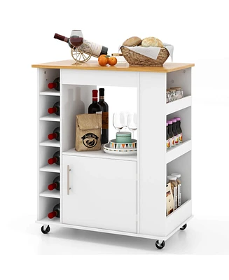 Sugift Kitchen Cart on Wheels with Bamboo Top and 6-Bottle Wine Rack