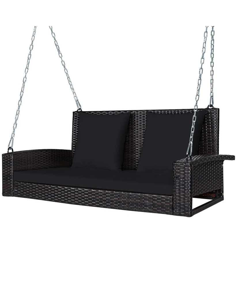 Sugift 2-Person Wicker Hanging Porch Swing with 2 Back Cushions and 1 Seat Cushion