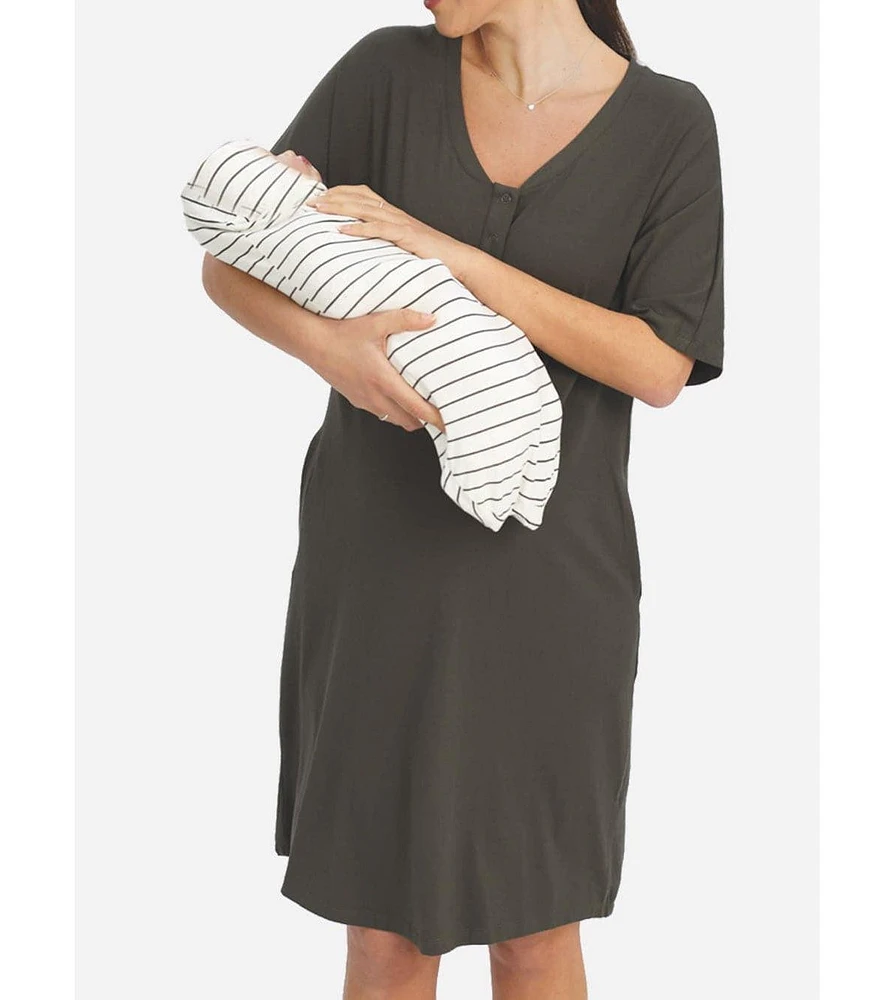 Angel Maternity Mama Hospital Nightie Set with Baby Pouch Khaki