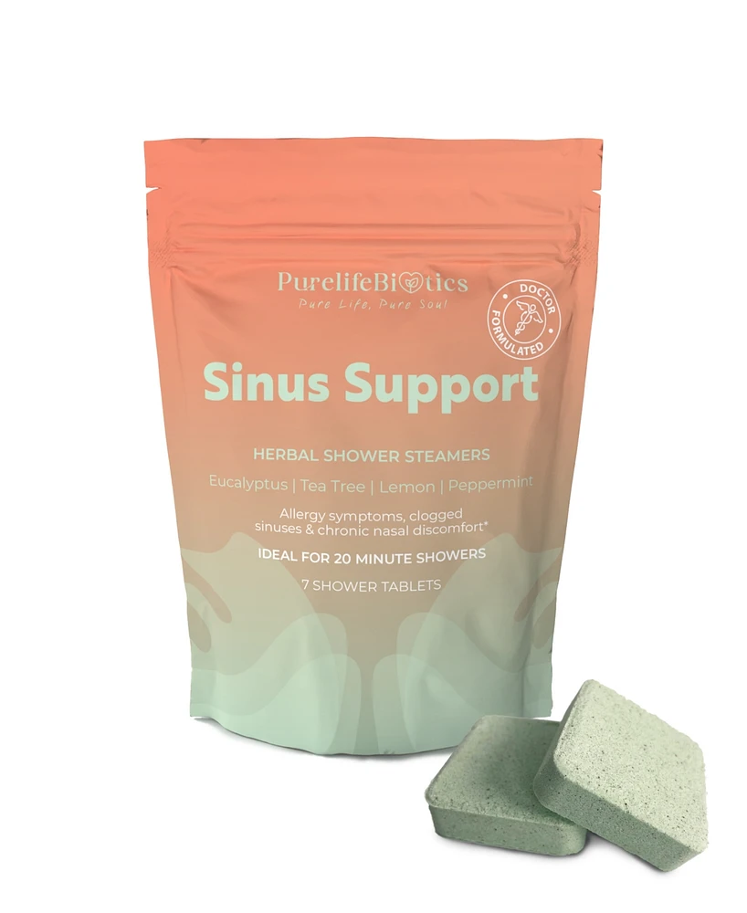 PurelifeBiotics Sinus Support: Eucalyptus & Lemon's Aromatic Relief for Allergies and Sinus Discomfort | 7 Standard Tablets | 20 Minute Showers