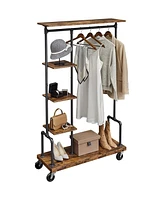 Slickblue Clothes Rack, Clothing Rack on Wheels, 5-Tier Garment Rack with Metal Pipes, Rustic Brown