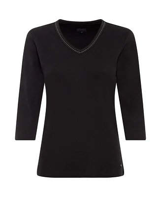 Olsen Women's 100% Organic Cotton 3/4 Sleeve Embellished V-Neck T-Shirt