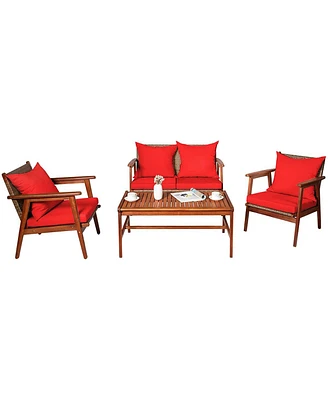 Sugift 4 Pieces Acacia Wood Patio Rattan Furniture Set with Cushions