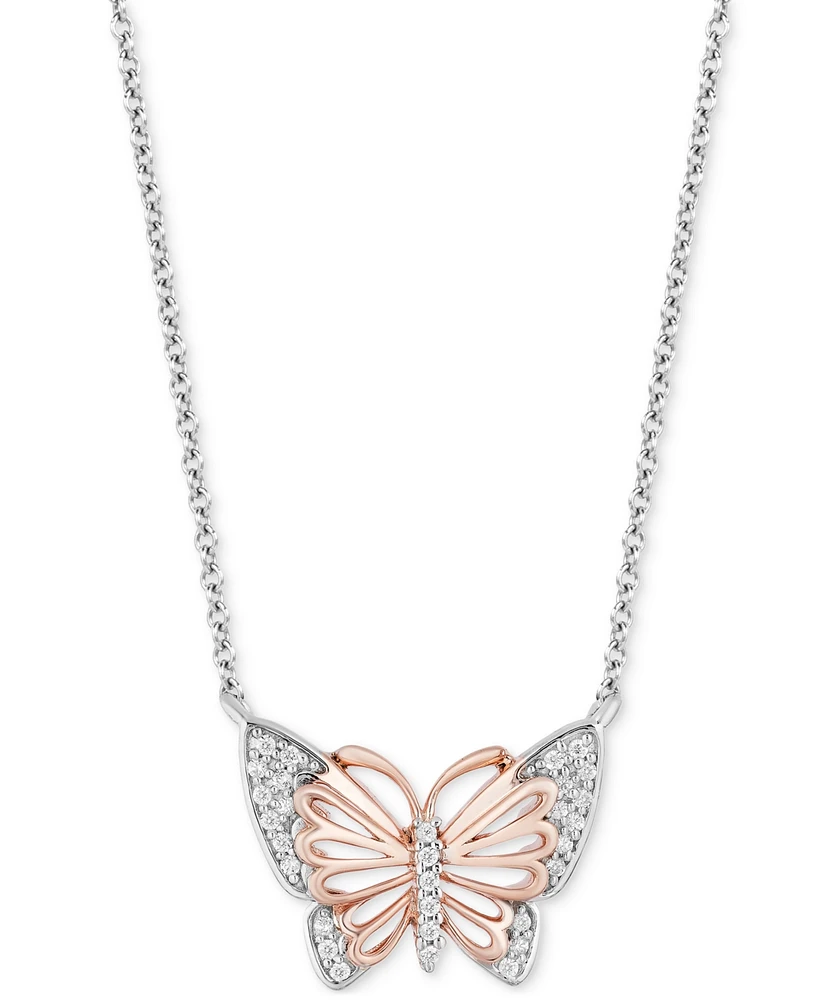 Diamond Mulan Butterfly Pendant Necklace (1/10 ct. t.w.) in Sterling Silver & 10k Rose Gold, 16" + 2" extender