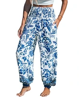 Cupshe Women's Blue & White Floral Smocked Waist Tapered Leg Pants