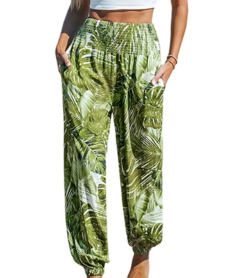 Cupshe Women's Palm Leaf Smocked Waist Tapered Leg Pants