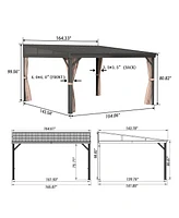 Mondawe 12x14 ft Wall-Mounted Hardtop Gazebo with Aluminum Frame, Galvanized Steel Roof, Sunroom, Curtain, and Netting