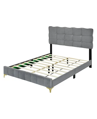 Simplie Fun Queen Size Velvet Platform Bed With Led Frame And Stylish Mental Bed Legs