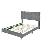 Streamdale Furniture Queen Velvet Platform Bed With Led Frame And Stylish Mental Legs