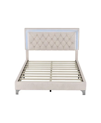 Simplie Fun Full Size Upholstered Bed Frame With Led Lights, Modern Velvet Platform Bed With Tufted Headboard