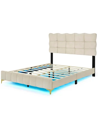 Simplie Fun Queen Velvet Platform Bed With Led Frame And Stylish Mental Legs