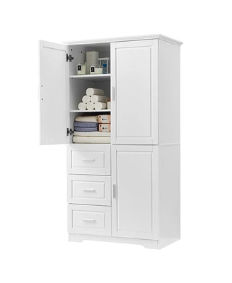 Streamdale Furniture Tall And Wide Storage Cabinet With Doors For Bathroom/Office, Three Drawers, White