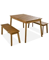 Simplie Fun Acacia Wood Dining Set with 2 Benches for Outdoor/Indoor