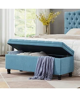 Button Tufted Storage Bench - Light Blue Linen