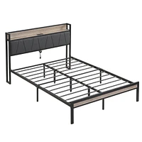 Metal Platform Bed Frame with Upholstery Headboard and Storage