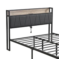 Streamdale Furniture Metal Platform Bed Frame with Upholstery Headboard and Storage