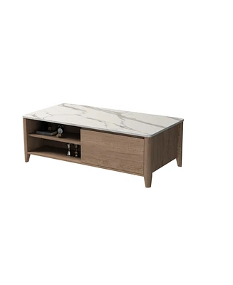 Simplie Fun Farmhouse Double Drawer Coffee Table, Tobacco Wood & White Marble