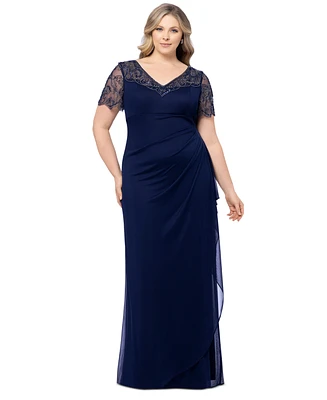 Xscape Plus Beaded Illusion-Sleeve V-Neck Gown