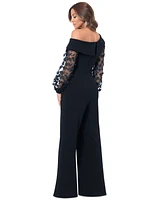 Xscape Women's 3D Floral-Sleeve Wide-Leg Jumpsuit