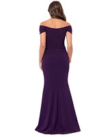 Xscape Women's Ruched Off-The-Shoulder Long Dress