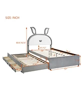 Streamdale Furniture Full Platform Bed with Trundle, Drawers & Rabbit Headboard Led Lights