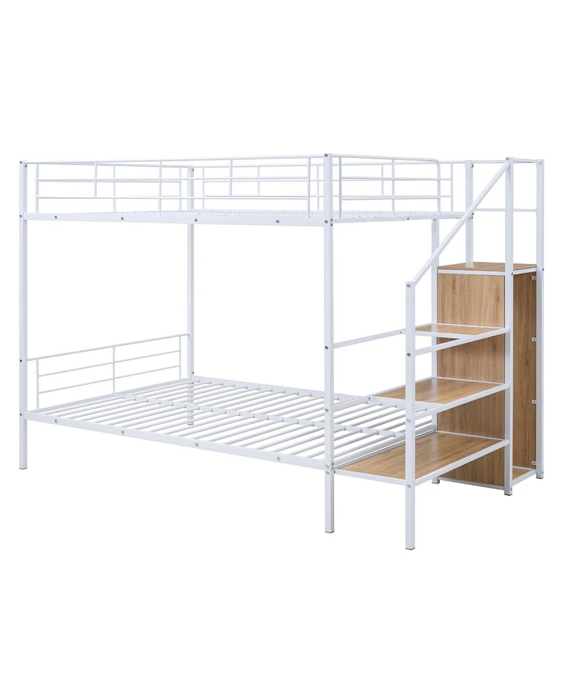 Simplie Fun Full Over Full Metal Bunk Bed With Lateral Storage Ladder And Wardrobe, White