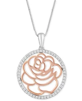 Diamond Openwork Belle Rose Pendant Necklace (1/5 ct. t.w.) in Sterling Silver & Rose Gold-Plate, 16" + 2" extender